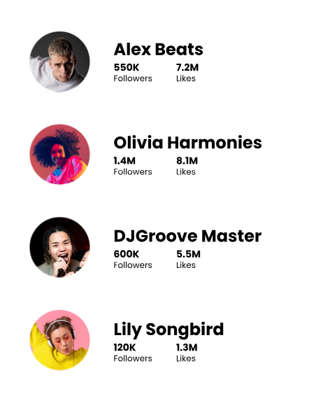 TikTok creators with follower and like counts