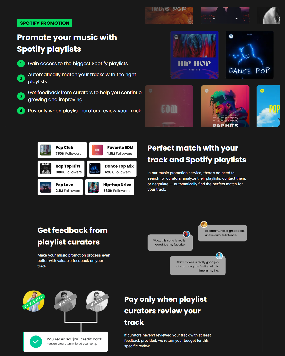 Spotify promotion, perfect playlist matching, curator feedback and pay only when reviewed